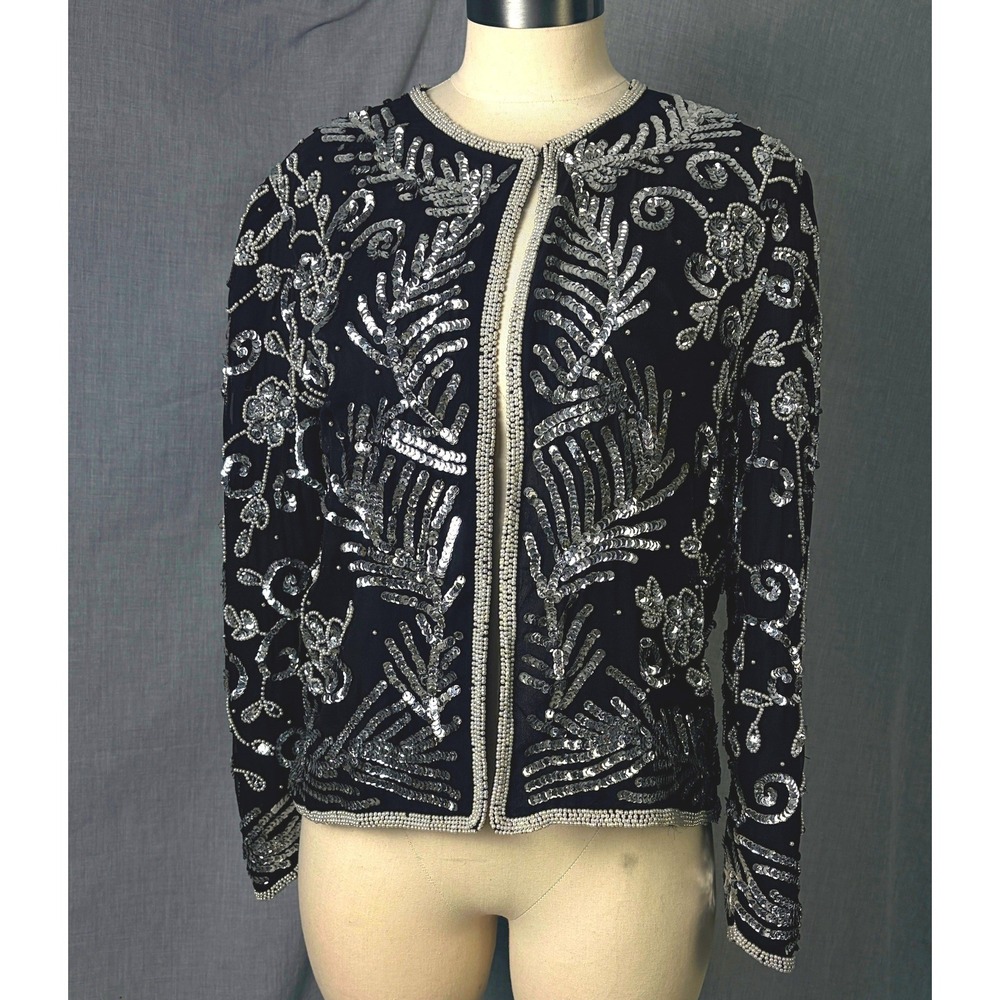 Vintage Creative Creations‎ Black Silk Beaded Sequin Jacket Made in India M